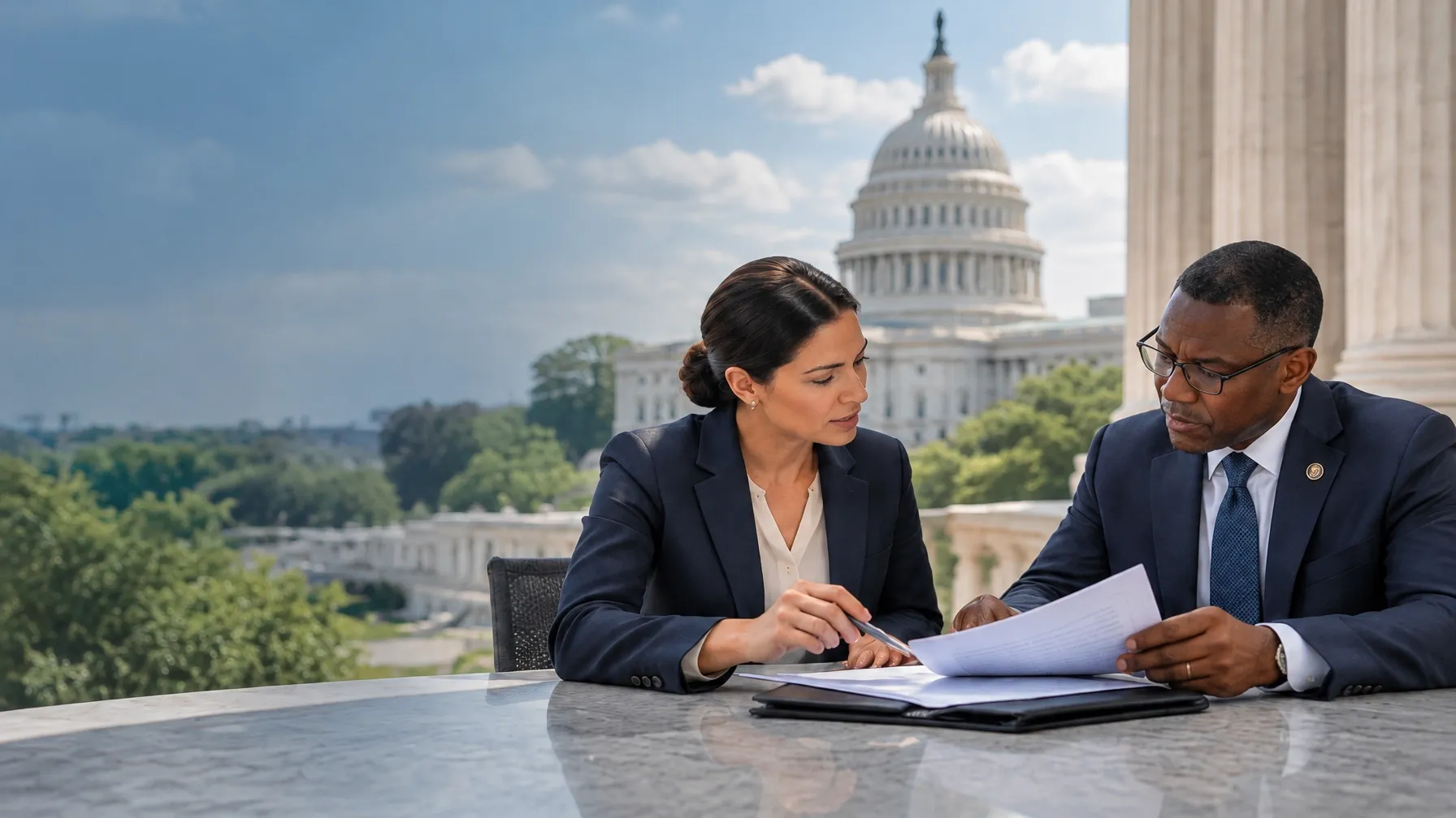 Government consulting professionals reviewing contract documents near the U.S. Capitol